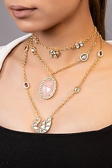 Gold Finish Moissanite & Pink Beaded Necklace