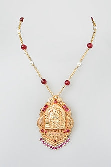 Gold Finish Red Pearl Necklace