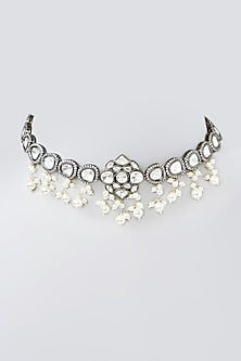 Black Rhodium Finish Kundan Polki & Pearl Choker Necklace