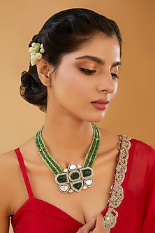 Gold Finish Kundan Polki & Green Onyx Layered Necklace