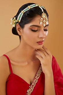 Gold Finish Kundan Polki & Pearl Sheeshpatti With Maangtikka