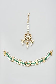 Gold Finish Kundan Polki & Pearl Sheeshpatti With Maangtikka