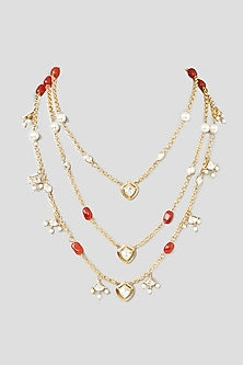 Gold Finish Kundan Polki & Red Pearl Layered Necklace