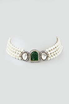 White Finish Kundan Polki & Pearl Choker Necklace