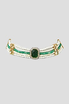 Gold Finish Kundan Polki & Green Onyx Necklace