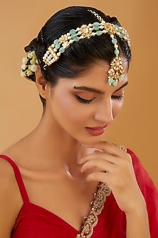 Gold Finish Kundan Polki & Pearl Sheeshpatti With Maangtikka