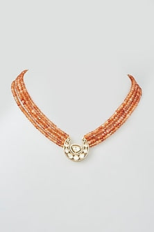 Gold Finish Orange Pearl & Kundan Polki Necklace