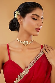 Gold Finish Pearl & Kundan Polki Choker Necklace