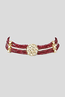 Gold Finish Kundan Polki & Red Onyx Beaded Choker Necklace