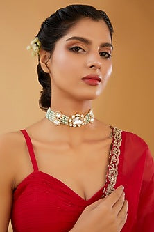 Gold Finish Kundan Polki & Sea Green Onyx Beaded Choker Necklace
