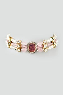 Gold Finish Kundan Polki & Pink Onyx Beaded Choker Necklace