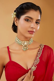 Gold Finish Sea Green Onyx Beaded & Kundan Polki Choker Necklace