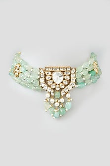 Gold Finish Sea Green Onyx Beaded & Kundan Polki Choker Necklace
