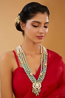 Gold Finish Sea Green Onyx Beaded & Kundan Polki Long Necklace