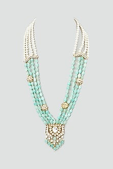 Gold Finish Sea Green Onyx Beaded & Kundan Polki Long Necklace