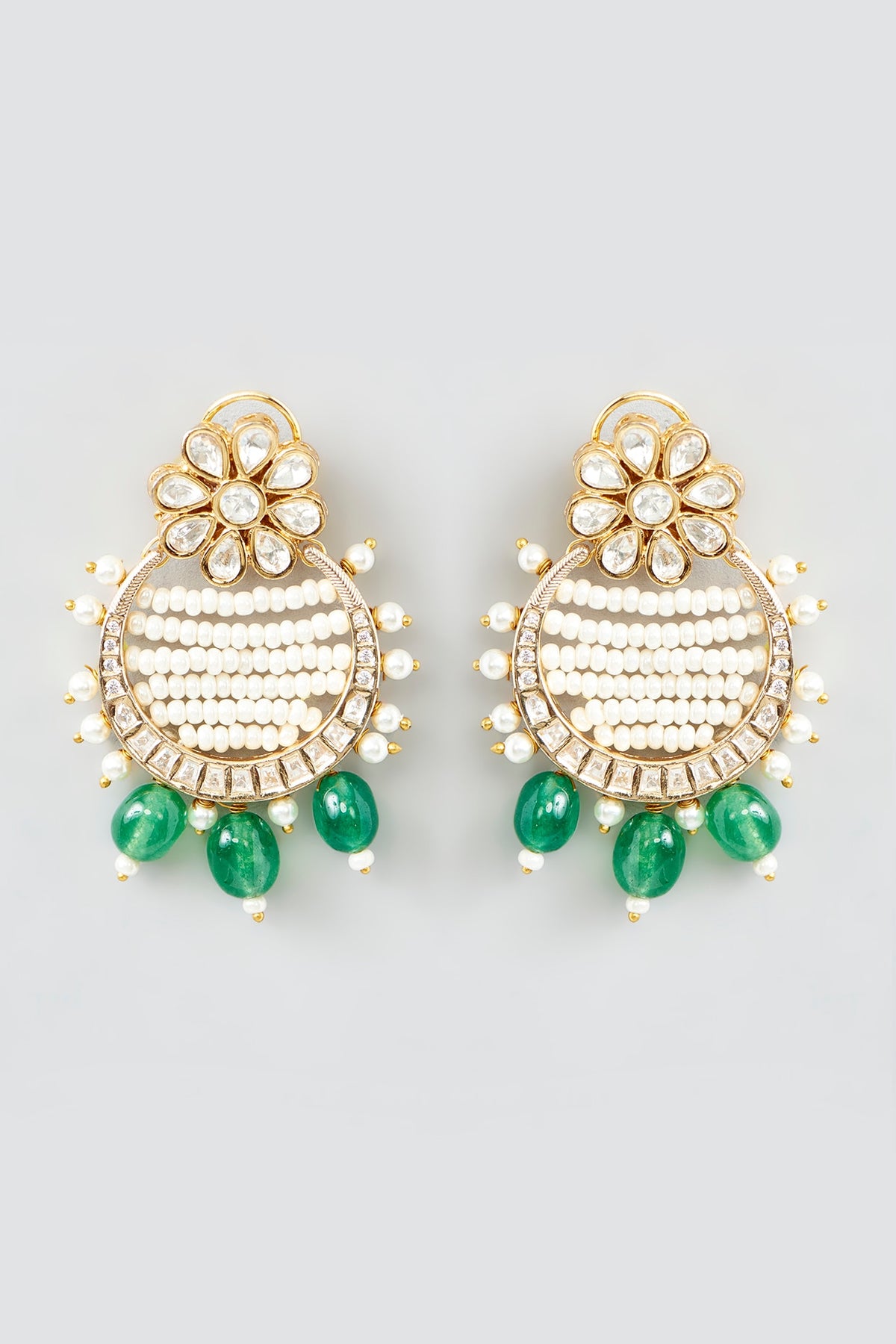 Gold Finish Kundan Polki & Pearl Stud Earrings