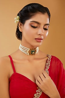 Gold Finish Kundan Polki & Green Onyx Choker Necklace