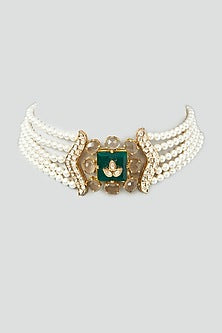 Gold Finish Kundan Polki & Green Onyx Choker Necklace
