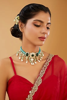 Gold Finish Kundan Polki & Pearl Layered Choker Necklace
