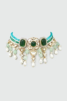 Gold Finish Kundan Polki & Pearl Layered Choker Necklace
