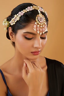 Gold Finish Kundan Polki & Pink Onyx Beaded Mathapatti