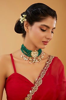 Gold Finish Kundan Polki & Green Beaded Choker Necklace