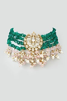 Gold Finish Kundan Polki & Green Beaded Choker Necklace