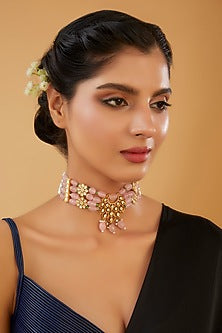 Gold Finish Kundan Polki & Pink Onyx Beaded Choker Necklace