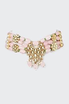 Gold Finish Kundan Polki & Pink Onyx Beaded Choker Necklace