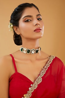 Gold Finish Kundan Polki & Green Onyx Choker Necklace