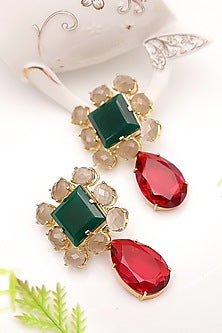 Gold Finish Garnet & Quartz Drop Earrings