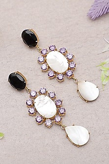 Gold Finish Black Quartz & Amethyst Dangler Earrings