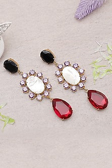Gold Finish Black Quartz & Garnet Earrings