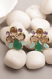 Gold Finish Quartz & Chalcedony Stud Earrings