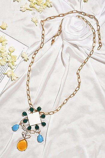Gold Finish Square Shape Semi Precious Gemstone Pendant Necklace