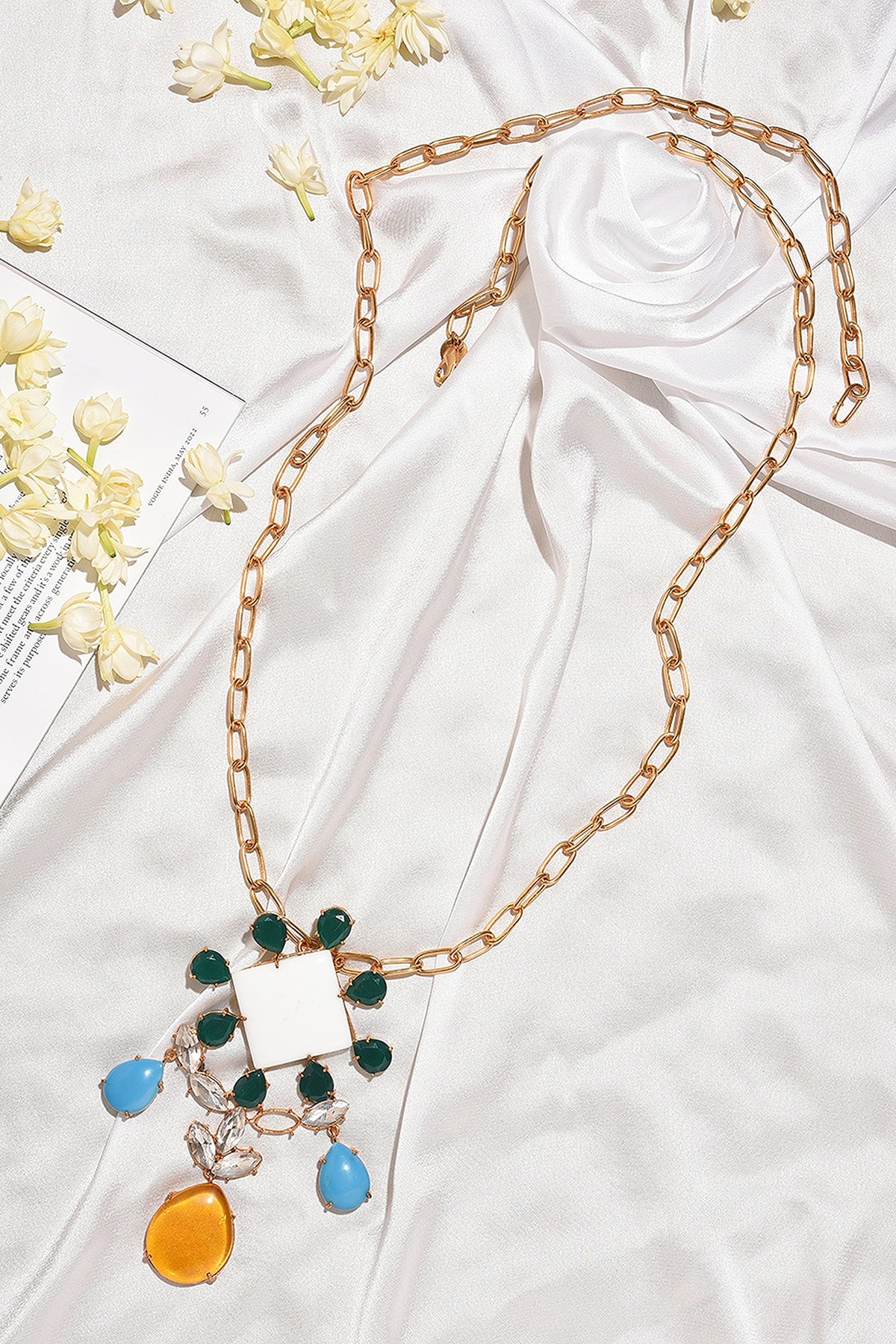 Gold Finish Square Shape Semi Precious Gemstone Pendant Necklace