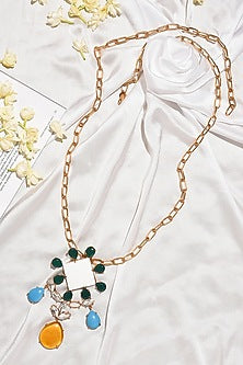 Gold Finish Square Shape Semi Precious Gemstone Pendant Necklace