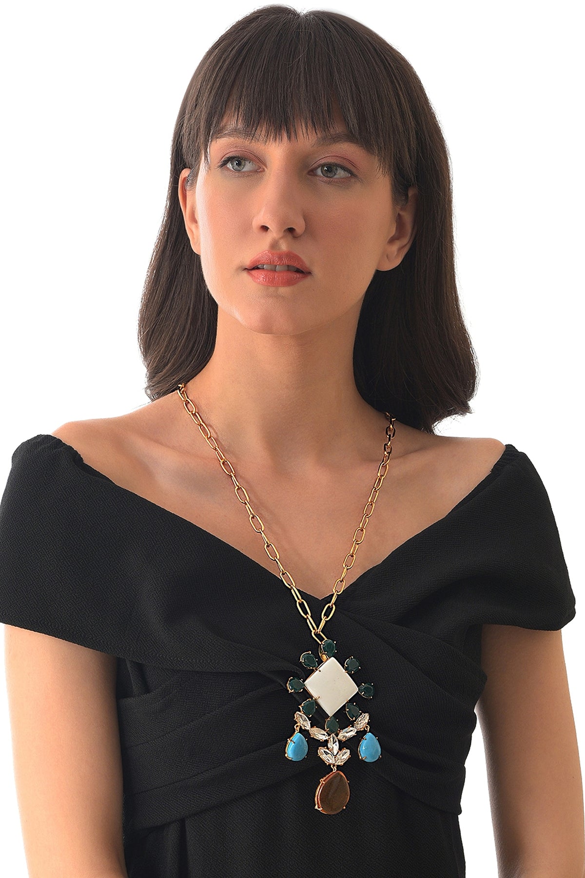 Gold Finish Square Shape Semi Precious Gemstone Pendant Necklace