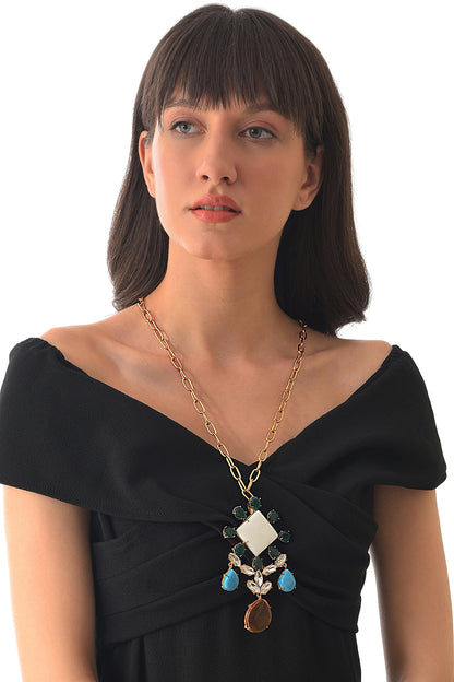 Gold Finish Square Shape Semi Precious Gemstone Pendant Necklace