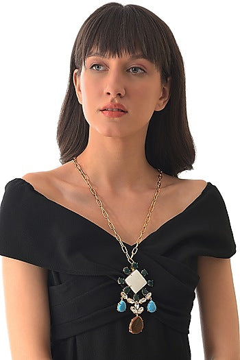 Gold Finish Square Shape Semi Precious Gemstone Pendant Necklace