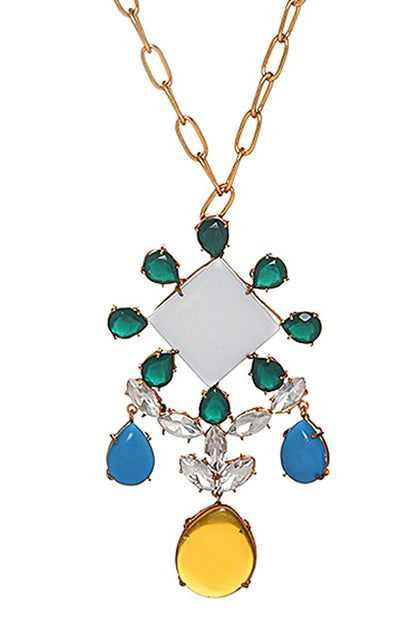 Gold Finish Square Shape Semi Precious Gemstone Pendant Necklace
