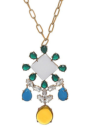 Gold Finish Square Shape Semi Precious Gemstone Pendant Necklace