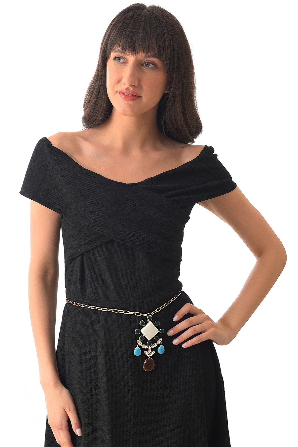 Gold Finish Square Shape Semi Precious Gemstone Pendant Necklace