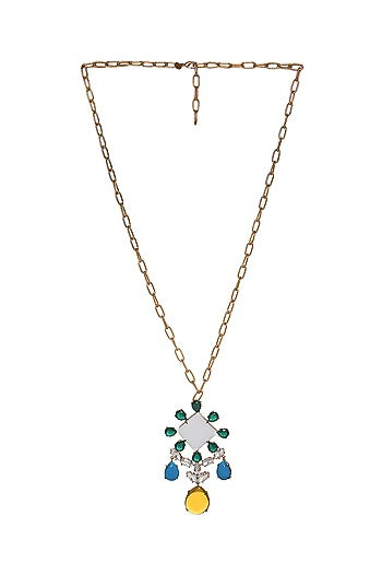 Gold Finish Square Shape Semi Precious Gemstone Pendant Necklace