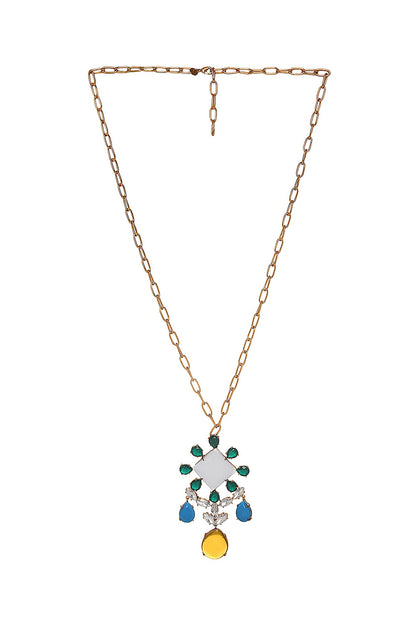 Gold Finish Square Shape Semi Precious Gemstone Pendant Necklace