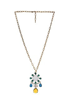 Gold Finish Square Shape Semi Precious Gemstone Pendant Necklace