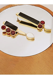 Gold Finish White Agate & Black Onyx Stud Earrings