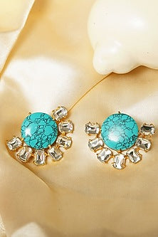 Gold Finish Turquoise & Crystal Stud Earrings