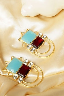 Gold Finish Blue Chalcedony & Crystal Dangler Earrings