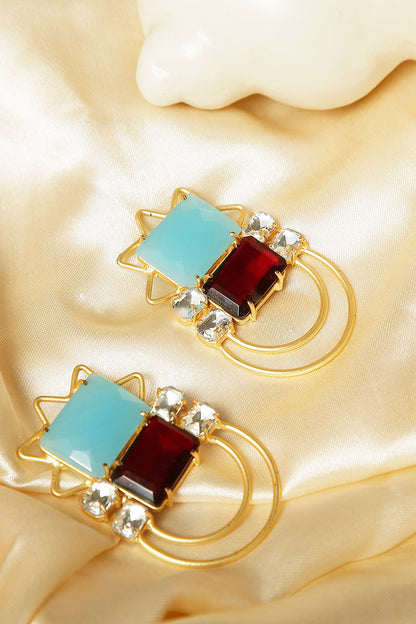 Gold Finish Blue Chalcedony & Crystal Dangler Earrings